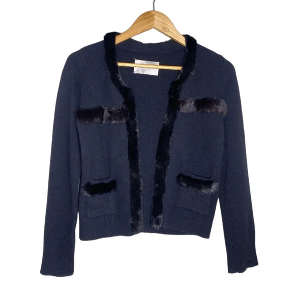 Yves Salomon Black Cashmere Mink Fur Trim Cardigan Blazer Jacket Women's Large - Picture 9 of 9